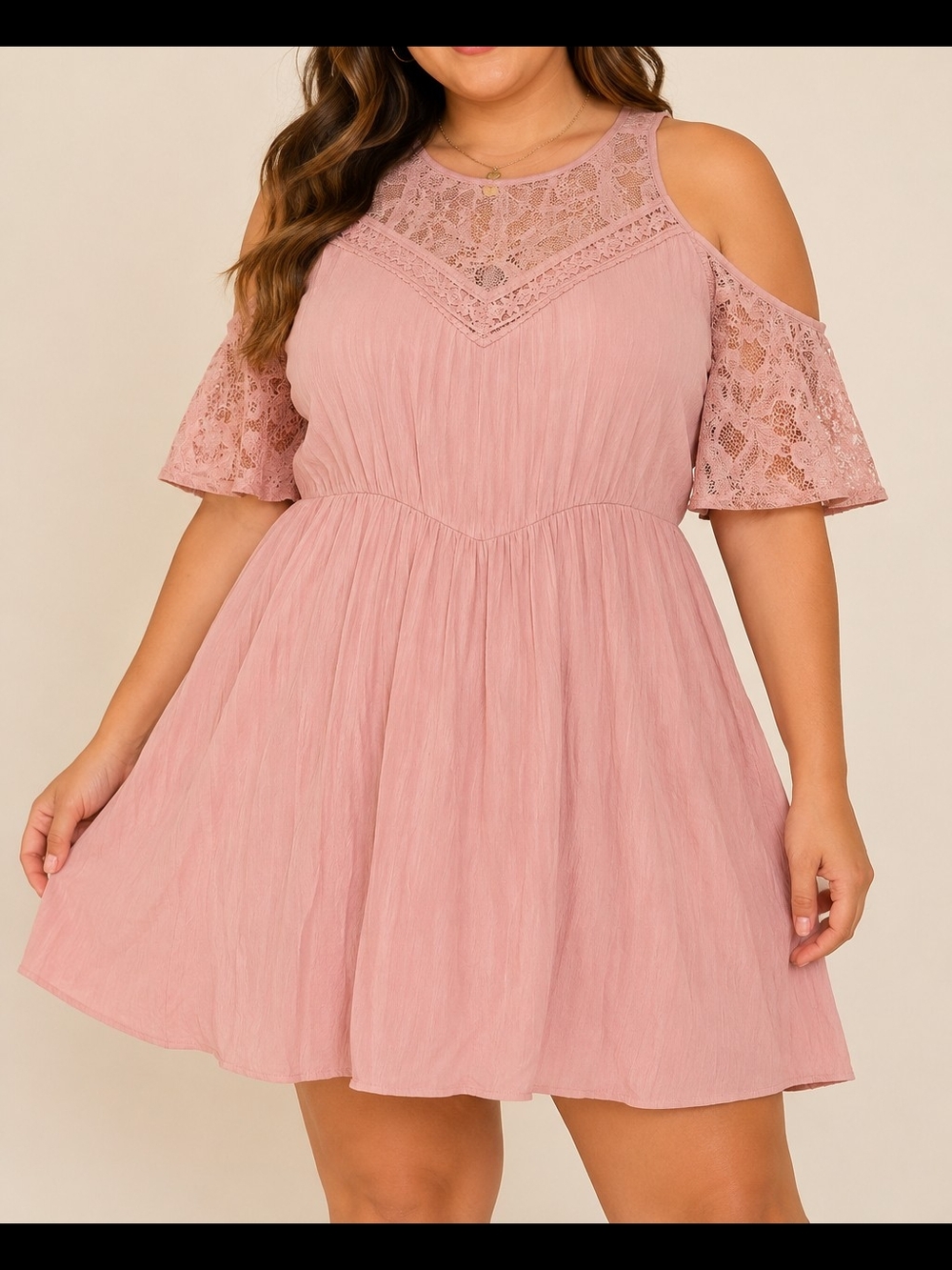 NWT Forever 21 Plus 1X Dusty Pink Lace Cold Shoulder Dress Boho Romantic Mini Dr